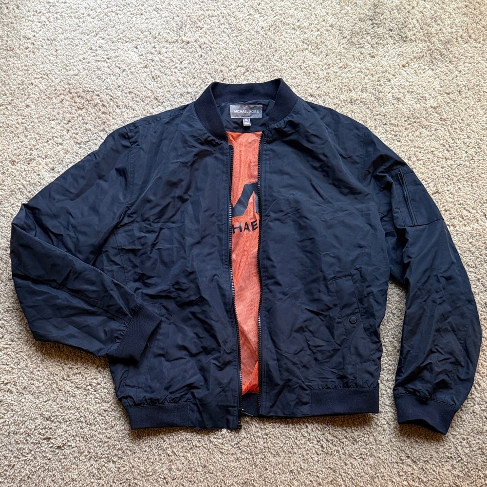 Michael Kors Black Bomber Jacket with Orange Accent